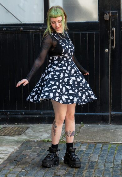 x Yasmin Cousins Ghosties Stretch Flared Pinafore – Stretch Twill Flared Pinafores | Kitty Darling