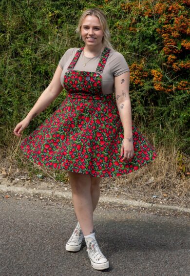 Strawberry Field Stretch Flared Pinafore – Stretch Twill Flared Pinafores | Kitty Darling