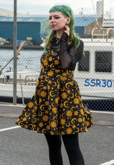 Celestial Sun and Moon Stretch Flared Pinafore – Stretch Twill Flared Pinafores | Kitty Darling