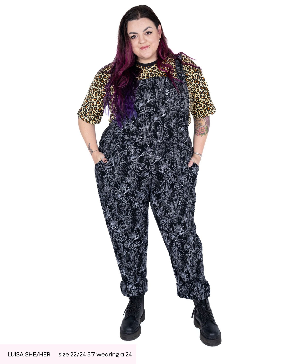 Black Floral Cobweb Stretch Dungarees Black Floral Cobweb Stretch Dungarees Shop now at Kitty Darling