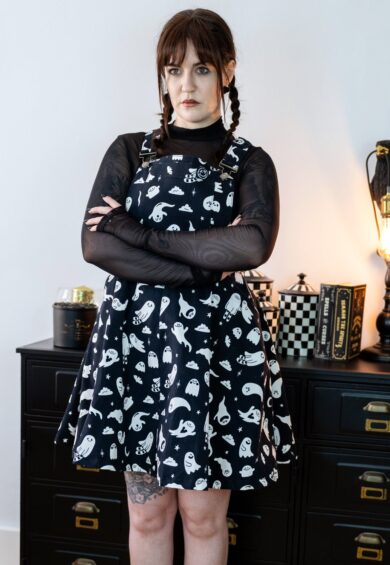 x Yasmin Cousins Ghosties Stretch Flared Pinafore – Stretch Twill Flared Pinafores | Kitty Darling