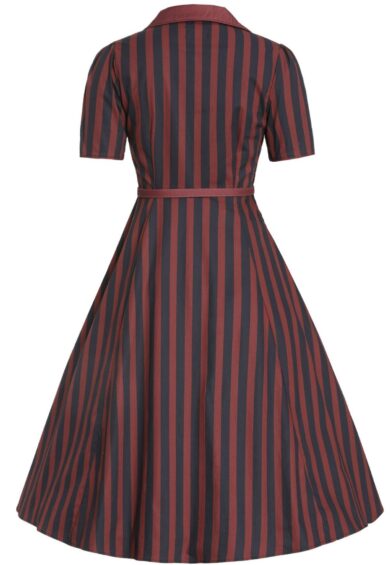 Penelope II Burgundy & Navy Striped Retro Shirt Dress – New In | Kitty Darling