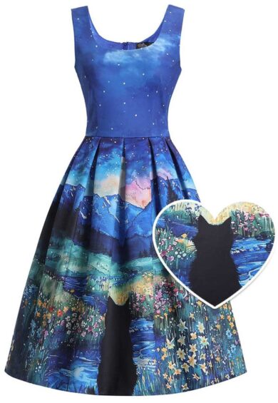 Amanda Black Cat Starry Night Dress – New In | Kitty Darling