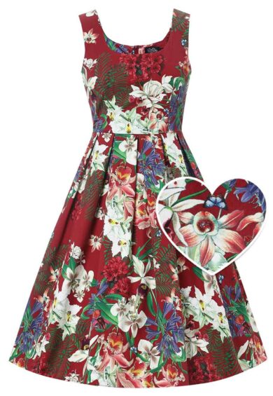 Amanda Cotton Burgundy Scoop Neck Botanical Print Dress – New In | Kitty Darling