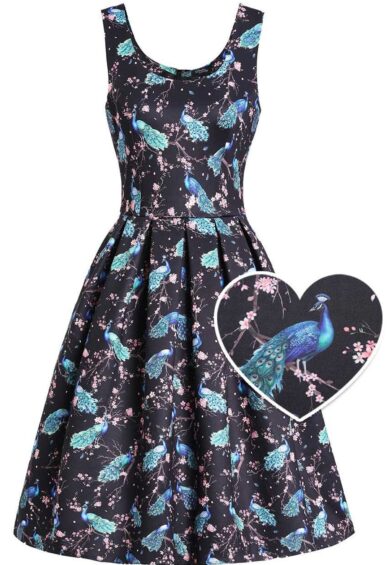 Amanda Flared Black Peacock Celebration Dress – New In | Kitty Darling
