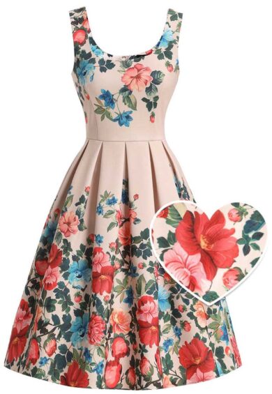 Amanda Flared Cream Victorian Floral Pleated Celebration Dress – New In | Kitty Darling