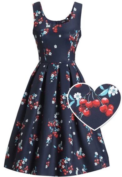 Amanda Navy Blue Cherry Print Midi Dress – New In | Kitty Darling