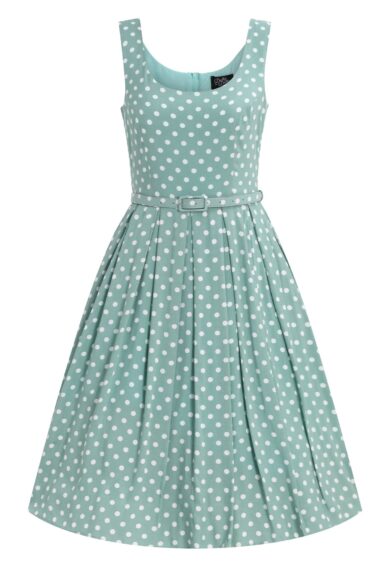 Amanda Viscose Light Green Blueish & White Polka Dress - Fully Lined – New In | Kitty Darling