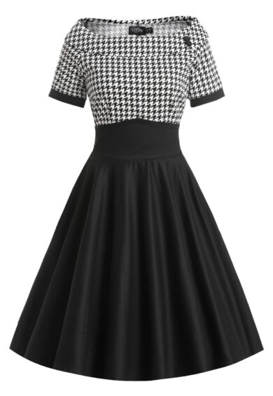 Darlene Monochrome Houndstooth Roll Collar Dress – New In | Kitty Darling