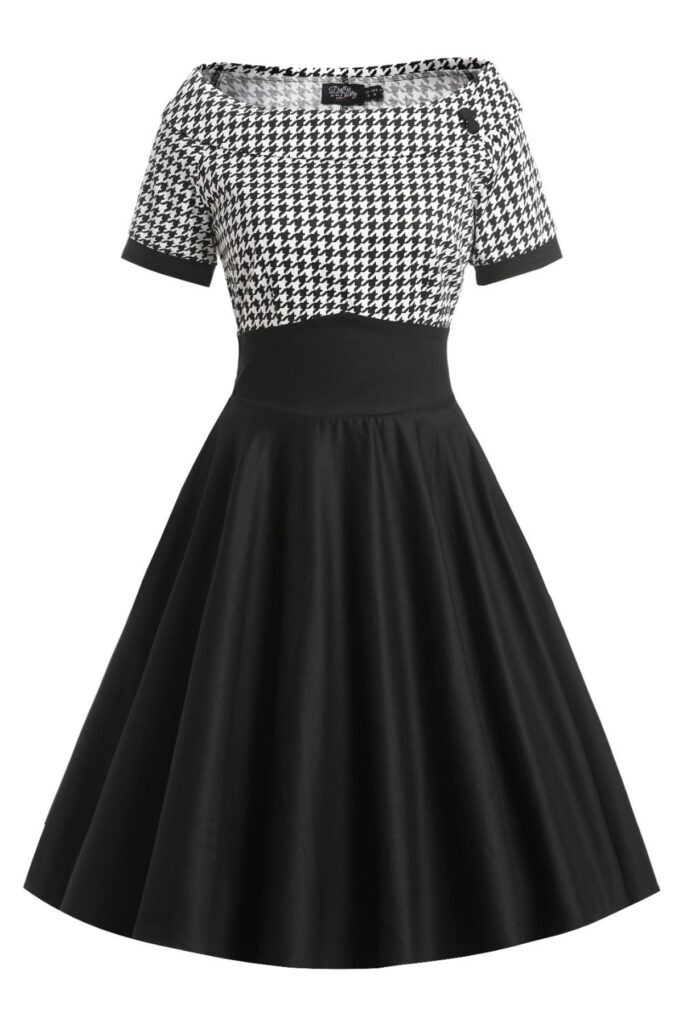 Darlene Monochrome Houndstooth Roll Collar Dress