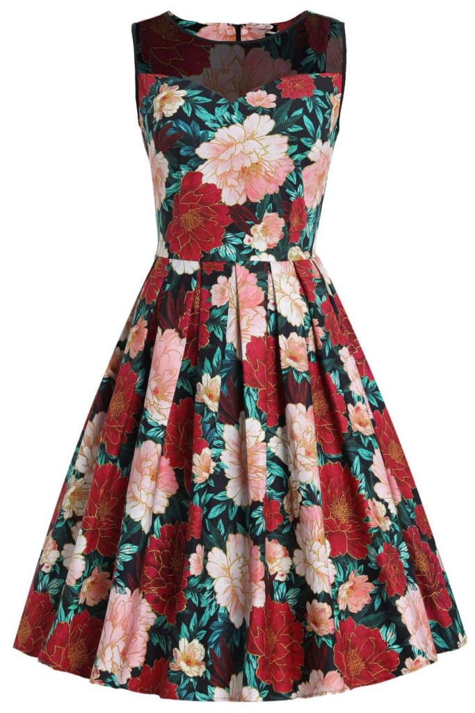 Elizabeth Vintage Style Floral Party Dress in Black-Pink-Gold