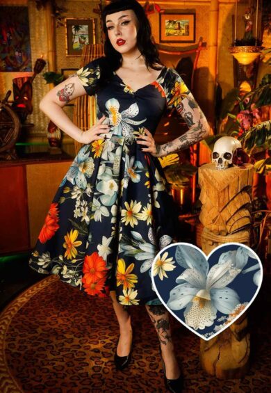 Lily Navy Blue Off The Shoulder Tropical Floral Print Flared Dress – Dresses | Kitty Darling
