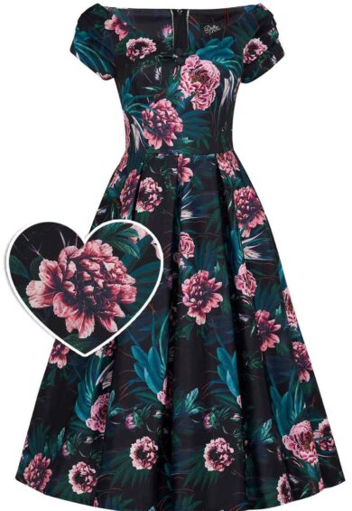 Lily Off Shoulder Black Garden Swing Dress – New In | Kitty Darling