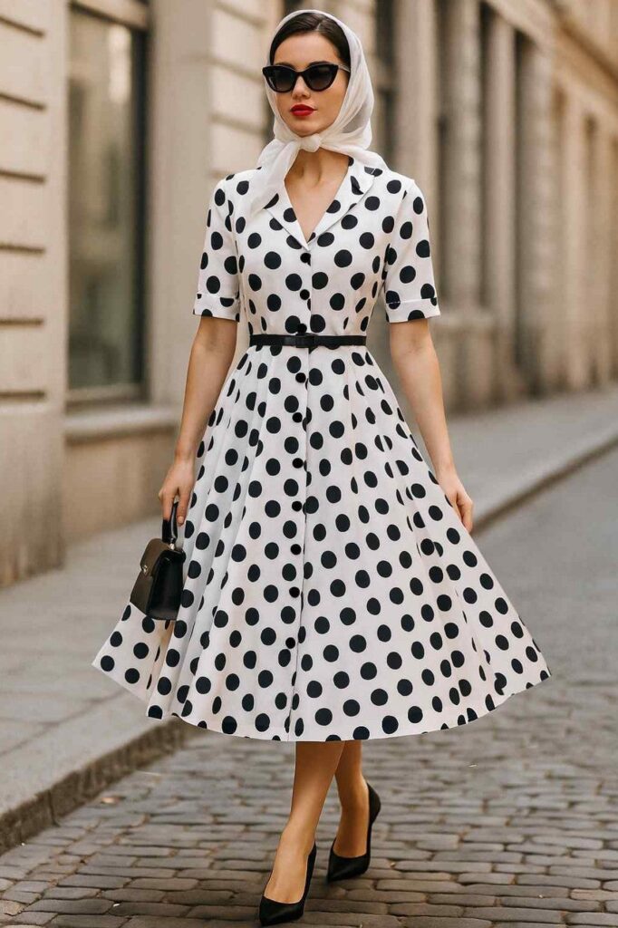 Mollie White and Black Polka Dot Shirt Dress