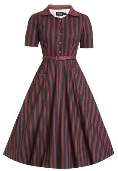 Penelope II Burgundy & Navy Striped Retro Shirt Dress – New In | Kitty Darling