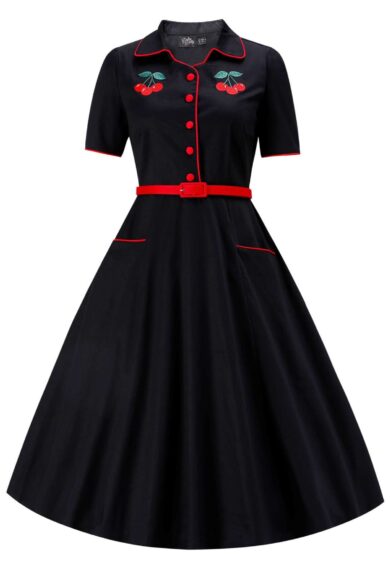 Penelope II Vintage Black Shirt Dress with Cherry Embroidery – New In | Kitty Darling