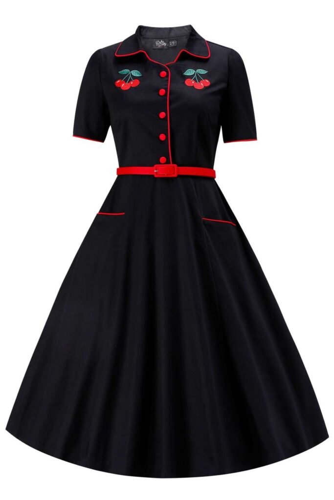 Penelope II Vintage Black Shirt Dress with Cherry Embroidery