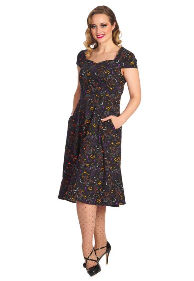 Black ALL HALLOWS CAT FIT & FLARE DRESS – Just Landed | Kitty Darling
