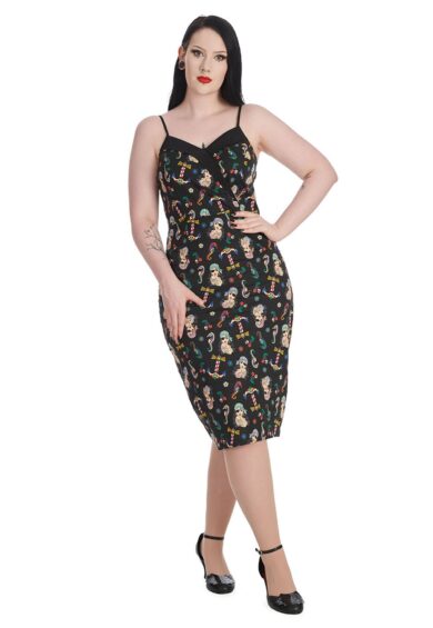 Black ANCHOR PIN UP PRINT V NECK PENCIL DRESS – New In | Kitty Darling