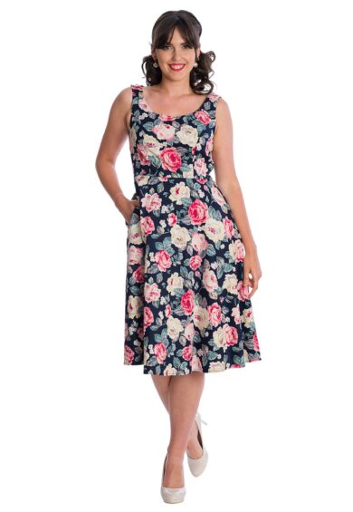Navy ROSE BLOOM FIT & FLARE DRESS – New In | Kitty Darling