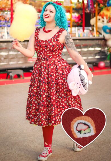 Amanda Burgundy Quirky Sushi Print Stretchy Dress – Dresses | Kitty Darling