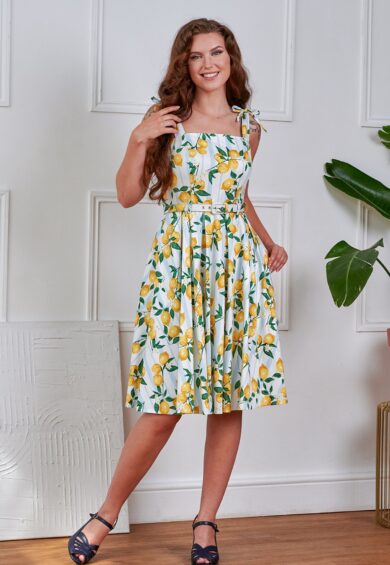 Cream June Lemon and stripes swing dress – Dress | Kitty Darling
