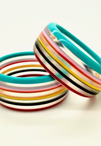 1950s Retro Rockabilly Acrylic Teal Multi Colour Stripe Bangle – New In | Kitty Darling