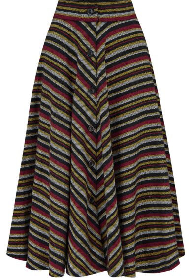 **Limited Edition** Beverly Button Front Full Circle Skirt with Pockets Black Multi Stripe 100% Cotton – New In | Kitty Darling