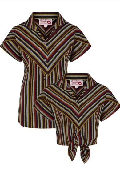 Home 18 **Limited Edition** The Maisy Tuck in or Tie Up Blouse in 100% Cotton Black Multi Stripe – New In | Kitty Darling