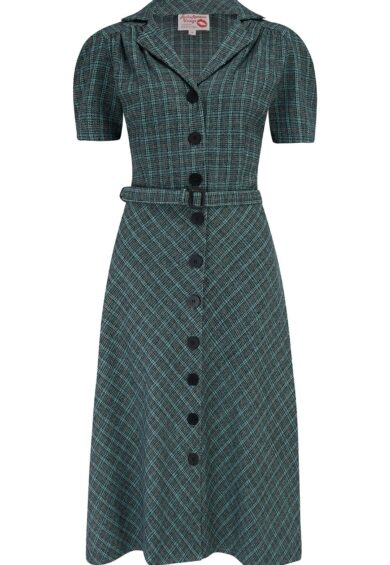 RnR Luxe Range Charlene Shirtwaister Dress in Teal Grey Check 100% Wool (Wool No.5) – New In | Kitty Darling