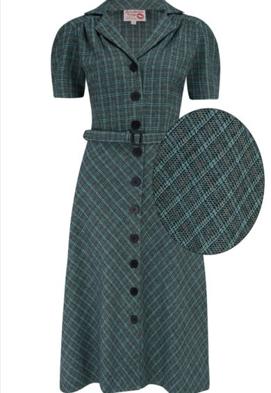 RnR Luxe Range Charlene Shirtwaister Dress in Teal Grey Check 100% Wool (Wool No.5) – New In | Kitty Darling