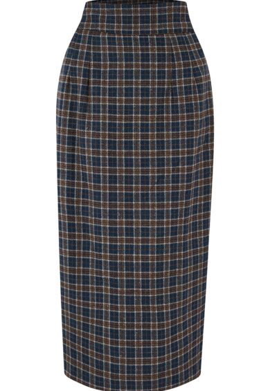 RnR Luxe Range Jitterbug Pencil Skirt with Kick-Pleat in Navy & Brown Check 100% Wool (Wool No.7) – New In | Kitty Darling