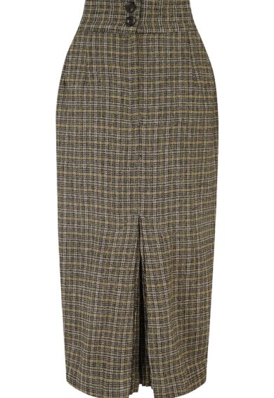 Home 21 RnR Luxe Range Jitterbug Pencil Skirt with Kick-Pleat in Small Brown Check 100% Wool (Wool No.6)) – New In | Kitty Darling