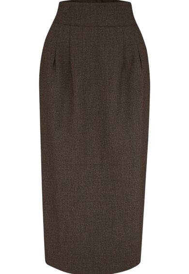 RnR Luxe Range Jitterbug Pencil Skirt with Kick-Pleat in Brown Viscose Slub Weave – New In | Kitty Darling