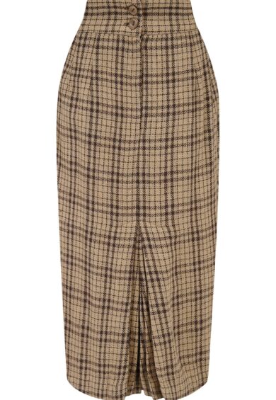 RnR Luxe Range Jitterbug Pencil Skirt with Kick-Pleat in Brown Check 100% Wool (Wool No.1) – New In | Kitty Darling