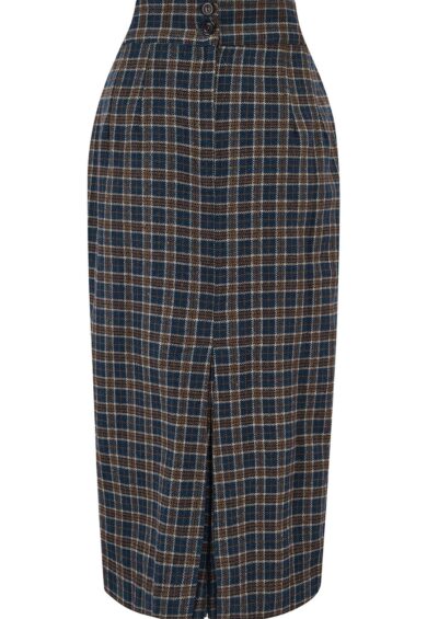 RnR Luxe Range Jitterbug Pencil Skirt with Kick-Pleat in Navy & Brown Check 100% Wool (Wool No.7) – New In | Kitty Darling