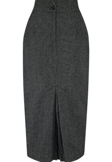 RnR Luxe Range Jitterbug Pencil Skirt with Kick-Pleat in Grey Slub 100% Wool – New In | Kitty Darling
