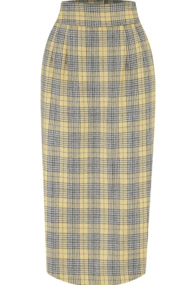 RnR Luxe Range Jitterbug Pencil Skirt with Kick-Pleat in Soft Yellow Tartan 100% Wool (Wool No.4) – New In | Kitty Darling