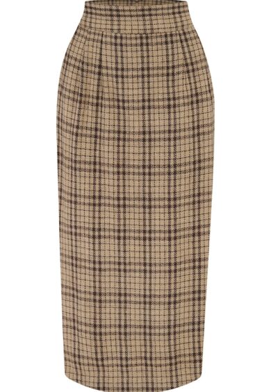 RnR Luxe Range Jitterbug Pencil Skirt with Kick-Pleat in Brown Check 100% Wool (Wool No.1) – New In | Kitty Darling
