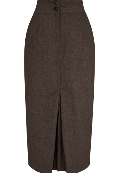 RnR Luxe Range Jitterbug Pencil Skirt with Kick-Pleat in Brown Viscose Slub Weave – New In | Kitty Darling