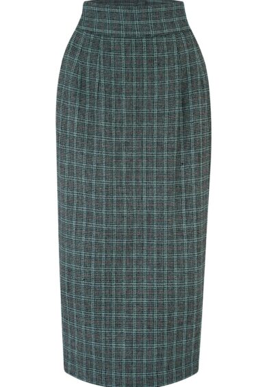 RnR Luxe Range Jitterbug Pencil Skirt with Kick-Pleat in Teal Grey Check 100% Wool (Wool No.5)) – New In | Kitty Darling