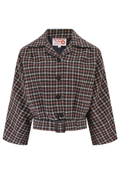 The Be-Bop Semi-Cropped 3/4 Sleeve Jacket in Black & Red Small Check 100% Wool (Wool No.9) – New In | Kitty Darling