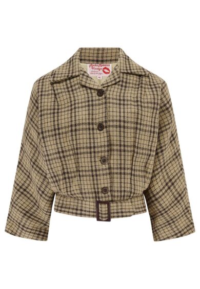 The Be-Bop Semi-Cropped 3/4 Sleeve Jacket in Brown Check 100% Wool  (Wool No.1) – New In | Kitty Darling