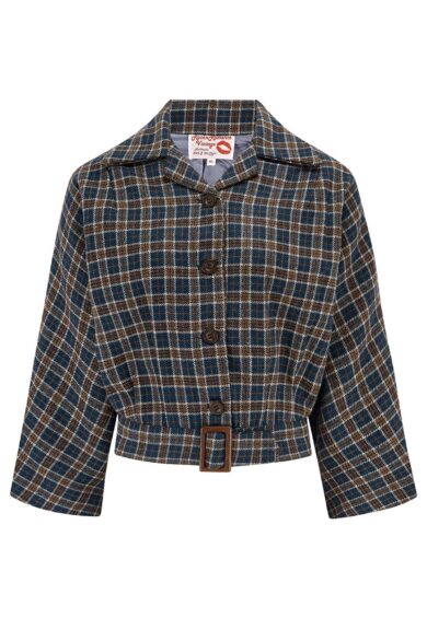 The Be-Bop Semi-Cropped 3/4 Sleeve Jacket in Navy & Brown Check 100% Wool  (Wool No.7) – New In | Kitty Darling