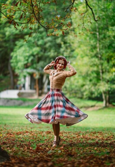 The Beverly Button Front Full Circle Skirt with Pockets in Cotswold Check Print – New In | Kitty Darling