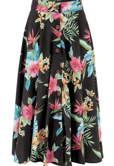 The Beverly Button Front Full Circle Skirt with Pockets in Black Honolulu Print – New In | Kitty Darling