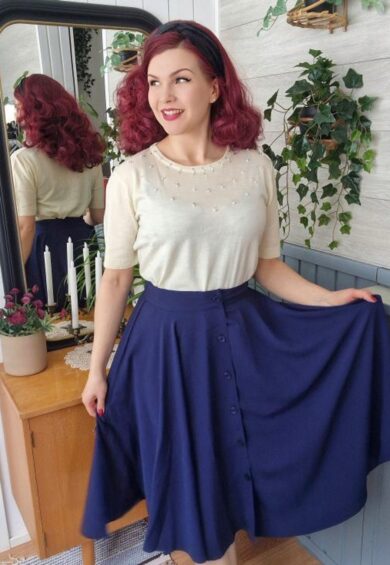 The Beverly Button Front Full Circle Skirt with Pockets in Solid Navy – New In | Kitty Darling