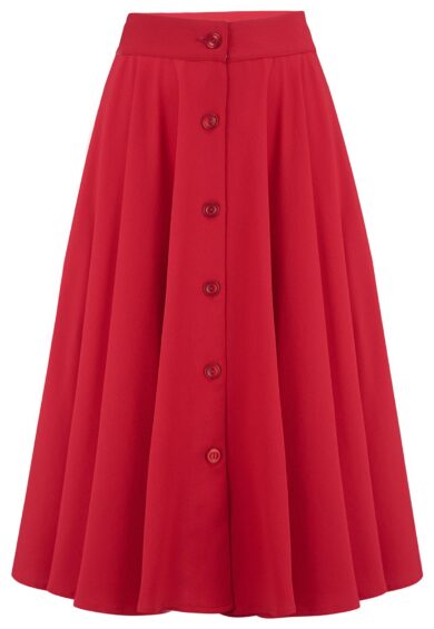The Beverly Button Front Full Circle Skirt with Pockets in Solid Red – New In | Kitty Darling