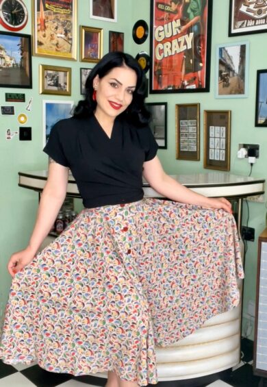 The Beverly Button Front Full Circle Skirt with Pockets in Tutti Frutti Print – New In | Kitty Darling