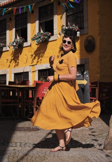 The Beverly Button Front Full Circle Skirt with Pockets in Solid Mustard – New In | Kitty Darling